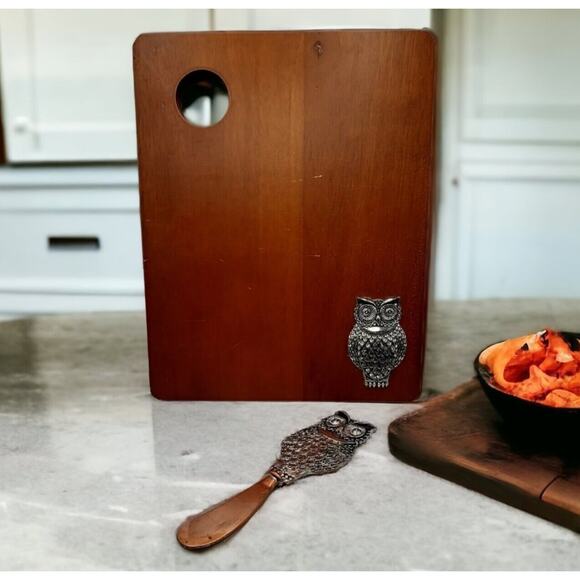 Wooden Owl Cheese Board with Copper-Tone Metal Owl Cheese Spreader – Distressed - Picture 1 of 13